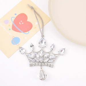 Sparkling silver crown hanging ornament with clear crystals and grey suede cord decor