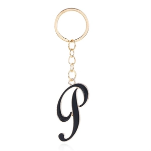 Letter P initial keychain with black enamel finish and gold metal chain hardware
