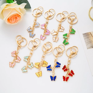 Elegant Zinc Alloy Rhinestone Triple Butterfly Keychain For Women Fashion Enamel Bag Charm Keychain Jewelry Accessory Gift