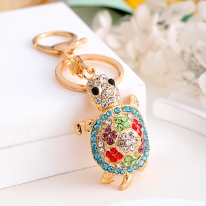 Colorful rhinestone turtle keychain with gold metal plating and lobster clasp for bags