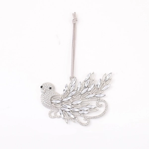 Sparkling silver metal hummingbird ornament with crystals and hanging suede cord