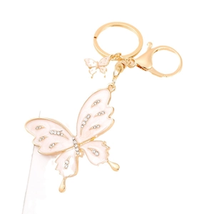 Sparkling pink rhinestone butterfly keychain with gold finish and lobster clasp