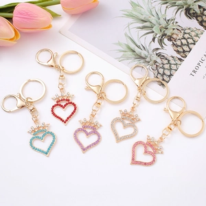 Five-piece set of heart crown keychains with colorful rhinestones on gold alloy
