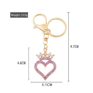 Golden crown heart keychain with purple crystals for women bag accessories