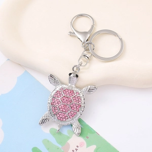Portachiavi a forma di tartaruga marina con strass rosa e chiusura in metallo argento