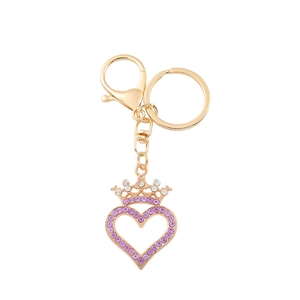 Golden crown heart keychain for women with purple rhinestones and lobster clasp accessory