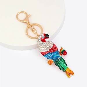 Colorful parrot keychain with rhinestones and enamel on a gold-plated swivel clasp