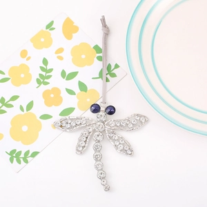 Sparkling dragonfly hanging ornament with silver metal and clear crystals for Christmas decor