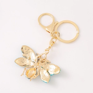 Porte-clés abeille dorée créatif avec émail bleu et strass sur anneau métallique
