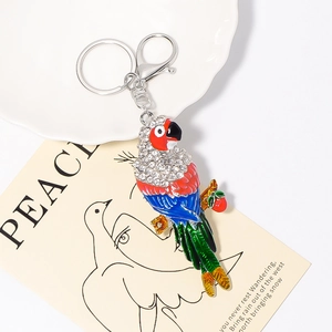 Detailed view of parrot keychain featuring colorful enamel and sparkling rhinestones