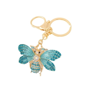 Porte-clés abeille créatif en alliage doré avec strass bleus et mousqueton