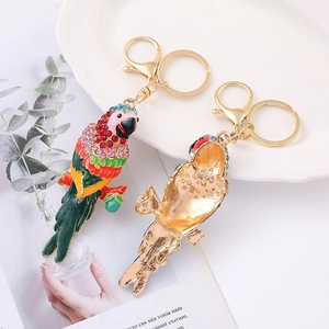 Colorful enamel parrot keychains with sparkling rhinestones and gold alloy clips