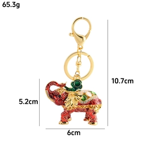 Cute red enamel elephant keychain with gold cloud patterns and gems, 10.7cm height
