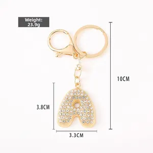 Gold letter A crystal keychain with rhinestones and lobster clasp for bag decoration