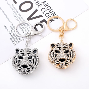 Rhinestone Tiger Head Keychain Inlaid Crystal Animal Pendant Metal Key Ring Gold Silver Zinc Alloy Bag Hanging Decoration