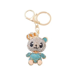 Sparkling crystal teddy bear keychain with gold crown and blue rhinestones for bags