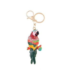 Golden parrot keychain with colorful rhinestones and enamel finish on a lobster clasp