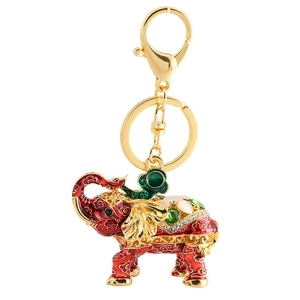 Red enamel elephant keychain with gold cloud patterns and green gemstone inlay