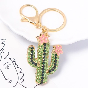 Luxury Rhinestone Cactus Metal Keychain With Pink Enamel Flower Gold Plated Zinc Alloy Key Ring Bag Hanging Ornament Gift