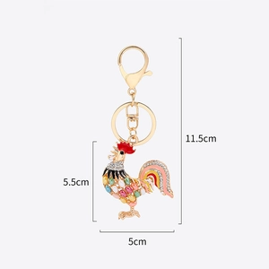 Colorful rooster keychain with cat eye stone and enamel finish, 11.5cm total length