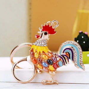 Colorful rooster keychain with rhinestones and multi-color crystals in gold-tone metal