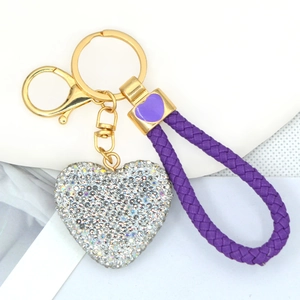 Portachiavi a cuore con strass scintillanti, cinturino in pelle intrecciata viola e metallo oro