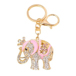 Sparkling elephant keychain with crown, gold plating and pink enamel inlay