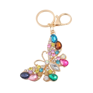 Porte-clés papillon en alliage doré avec strass colorés et fermoir mousqueton robuste