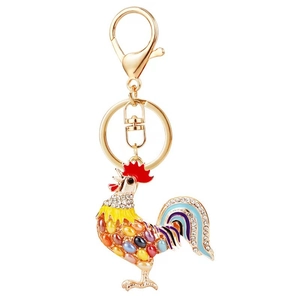 Colorful rooster keychain with gold plating, enamel finish, and faux crystal accents