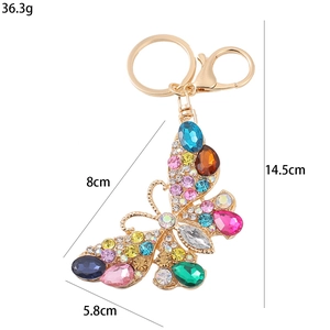 Porte-clés papillon scintillant avec cristaux colorés et fermoir mousqueton doré