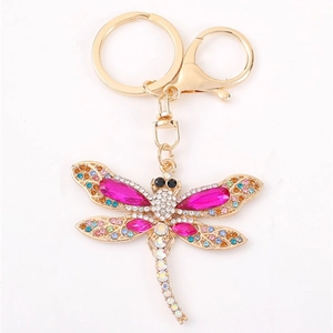 Golden dragonfly keychain with pink crystals and colorful rhinestones for handbags