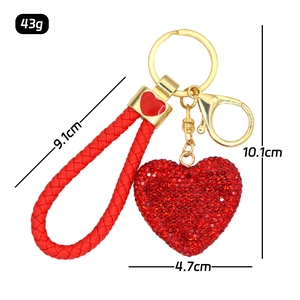 Portachiavi cuore rosso con strass, cordino intrecciato in PU e gancio oro dimensioni