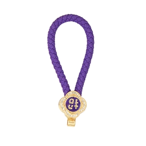 Schlüsselanhänger aus violettem Leder mit goldener Blume und funkelndem Strass