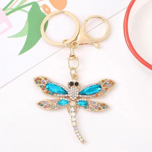 Golden dragonfly keychain with blue crystals and multi-color rhinestones for bags