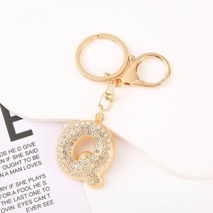 Golden letter Q keychain with sparkling crystals and lobster clasp for bag decoration