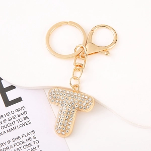 Sparkling crystal letter T keychain in gold finish with rhinestones for bags and keys