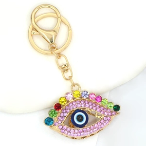 Detailed view of evil eye keychain with colorful rhinestones and gold metal lobster clasp
