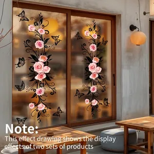 Pink rose and butterfly window stickers on a glass door with romantic floral vine patterns