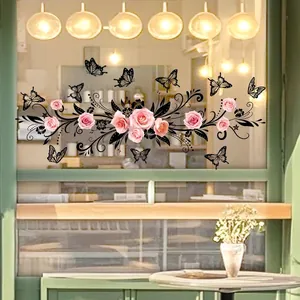Pink rose floral window sticker with black vine and butterfly silhouette decor