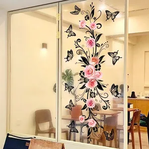 Pink rose and black butterfly floral window sticker for interior glass door decoration