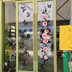 Pink rose and butterfly window sticker for glass doors with floral vine design decoration