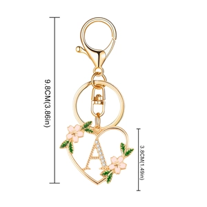 Gold zinc alloy heart keychain with letter A, pink flower and product dimensions
