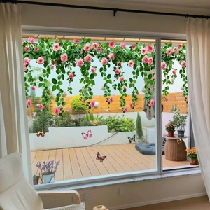 Pink floral vine window sticker with colorful butterfly accents for home glass decoration