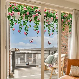 Pink rose vine and colorful butterfly static window decals for glass home decoration