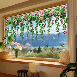 Pink rose floral vine window stickers with colorful 3D butterflies for home decor