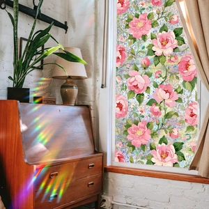 Rainbow Prism Window Film Static Cling Pink Floral Peony Pattern Glass Sticker Privacy Protection Non Adhesive Decorative Vinyl