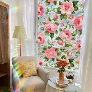 Pink floral static window film with 3D prism rainbow effect and peony pattern