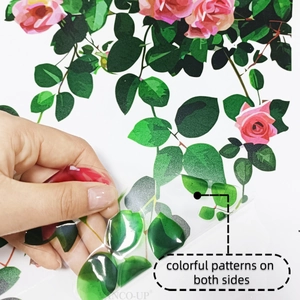 Double-sided pink flower window sticker showing transparent floral pattern on glass