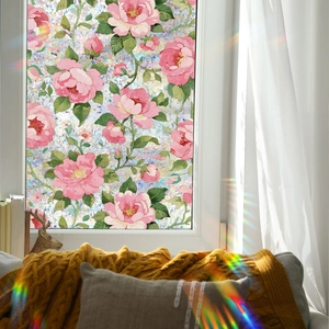 Pink floral vine static window film with rainbow prism effect and ice crack texture