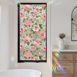 Pink floral frosted window privacy film with rainbow light effect for bathroom glass